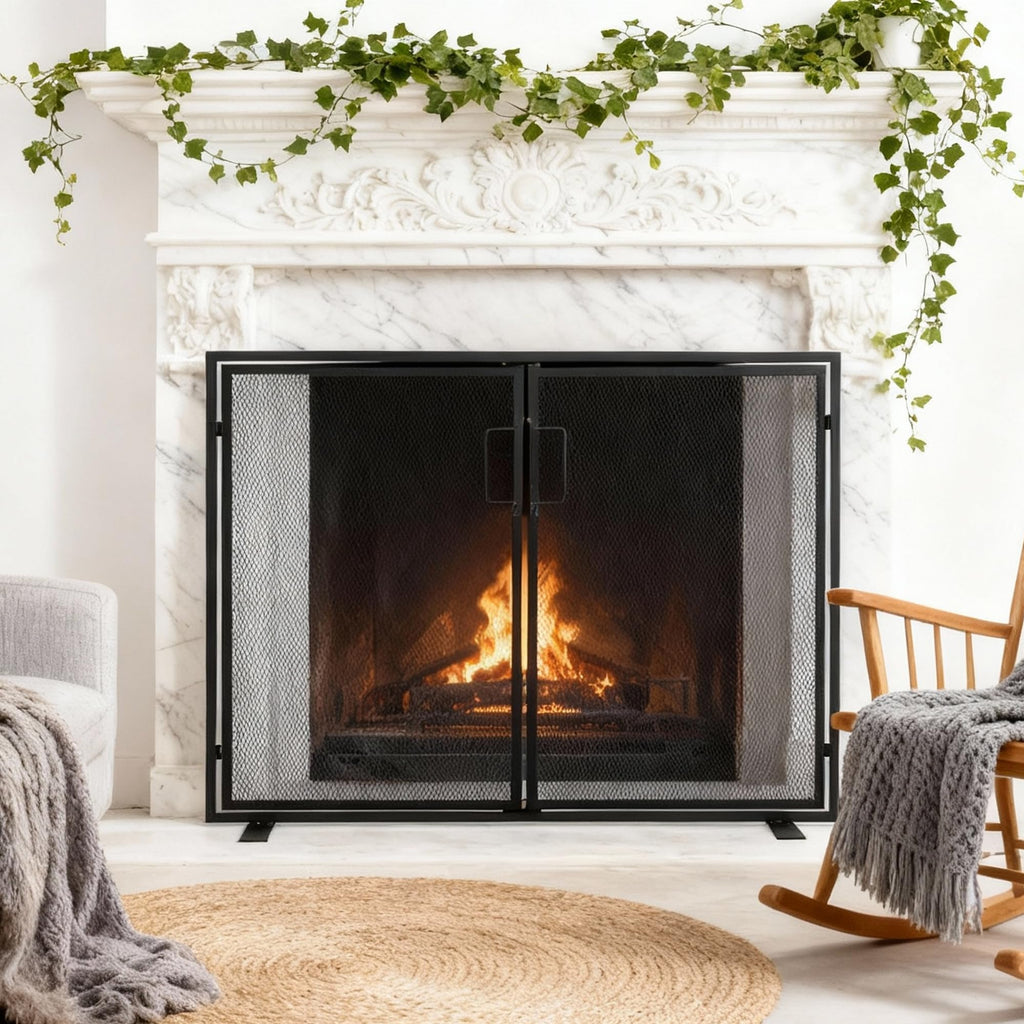 Black 2 Panel Fireplace Screen with Hinged Doors M9312