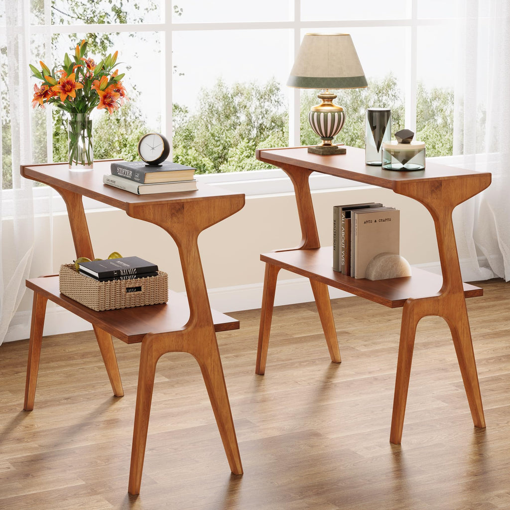Wood 2-Tier End Table with Storage Shelves W907