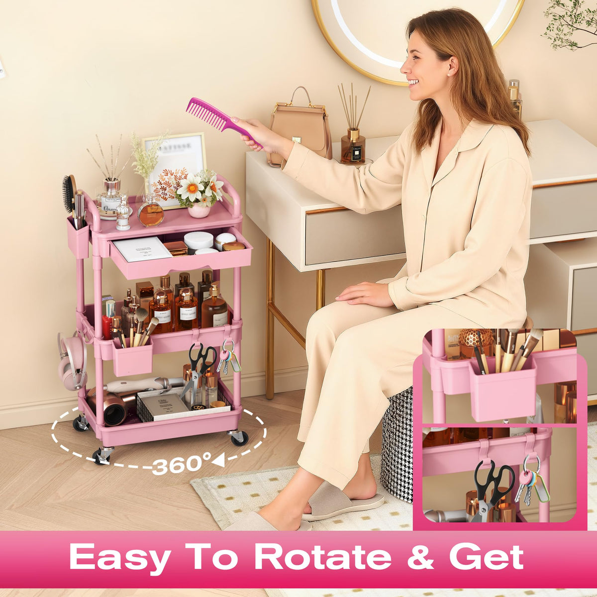 Pink 3 Tier Rolling Makeup Organizer Cart V7449