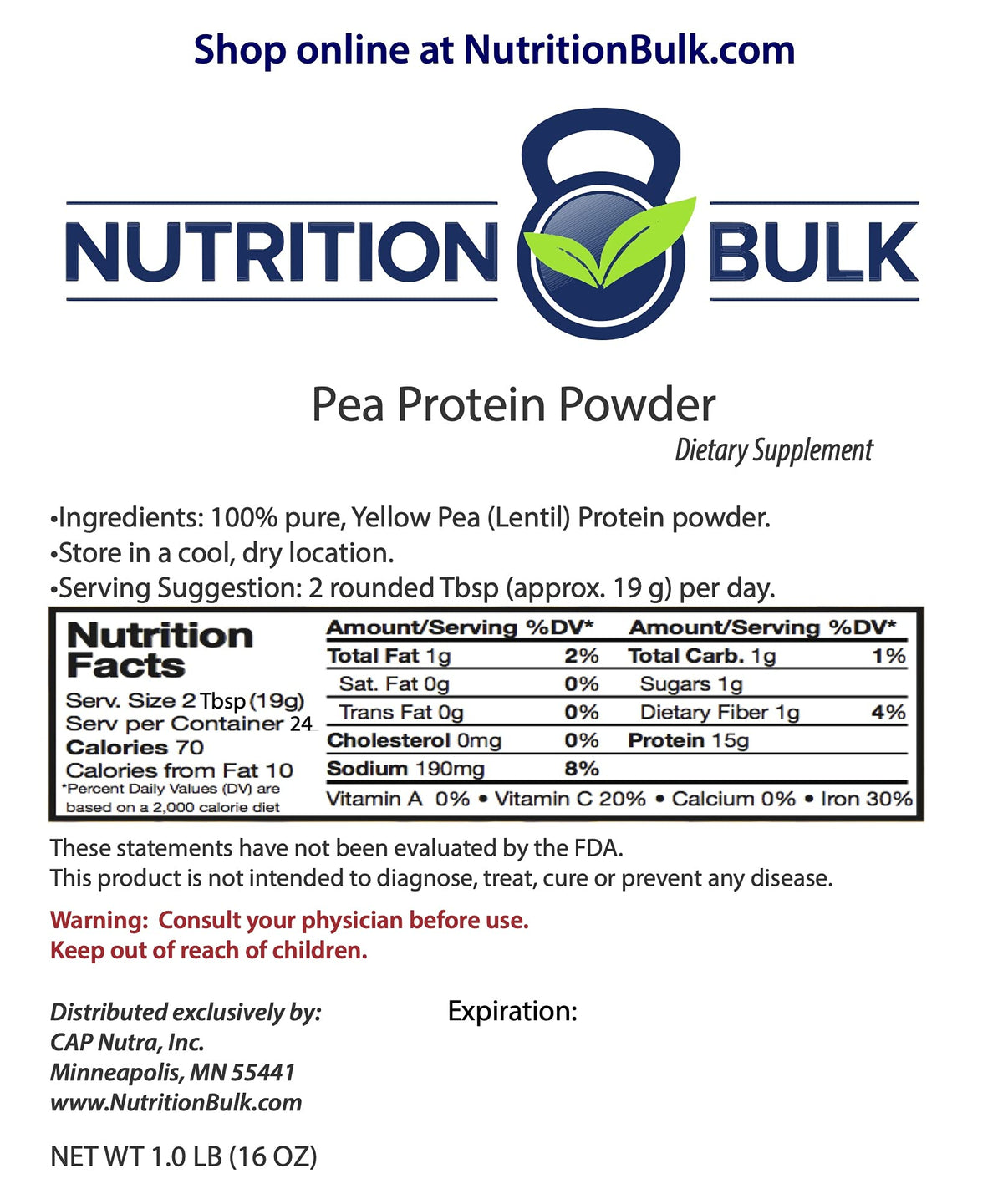 Unflavored Pea Protein Powder 1 lb H897