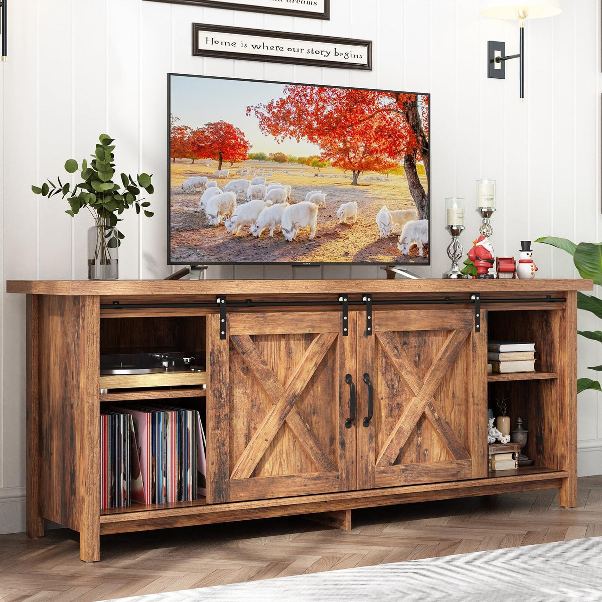 Farmhouse TV Stand with Adjustable Shelves & Sliding Barn Door I561