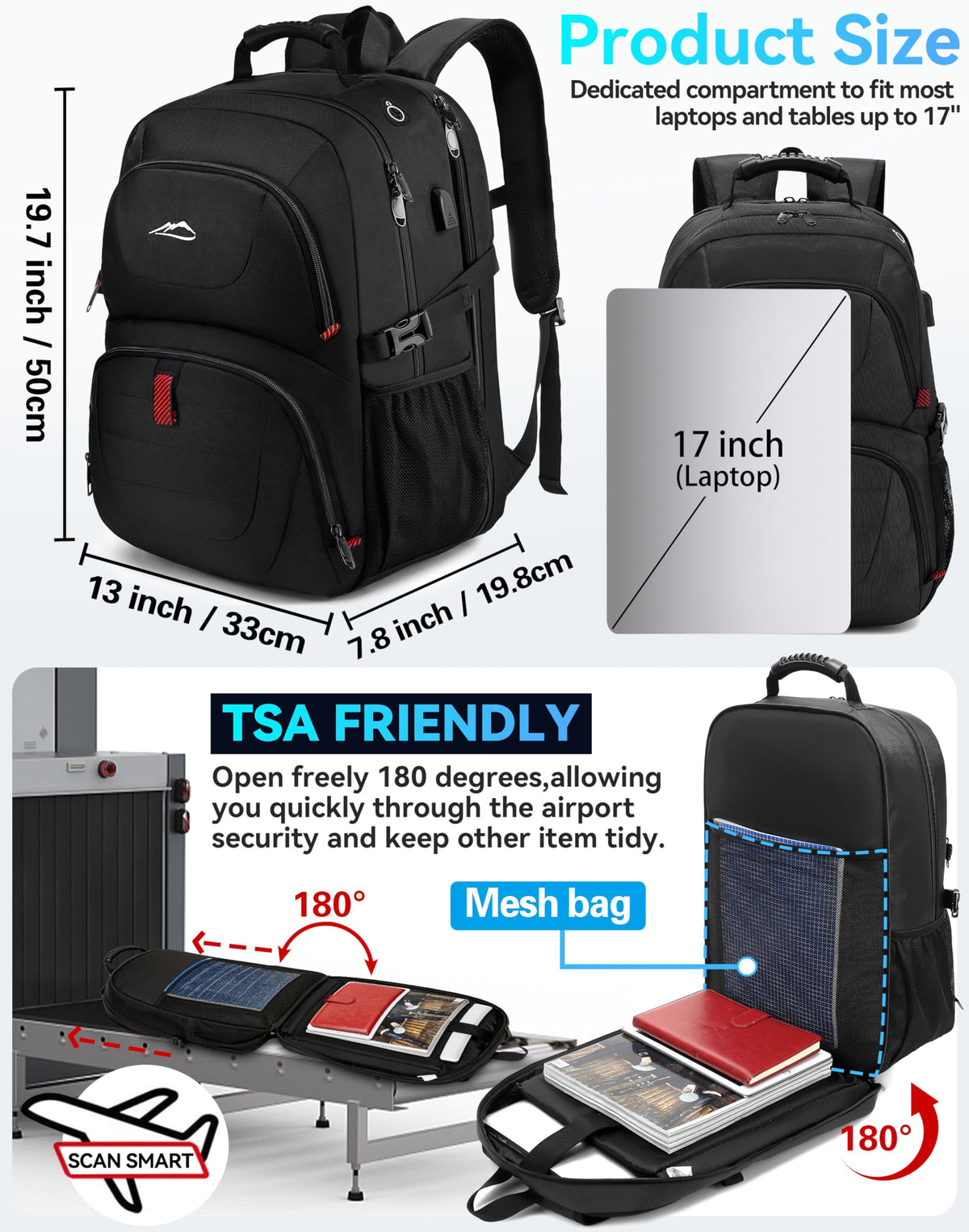 Extra Large Black Laptop Backpack with USB Charging Port H15796