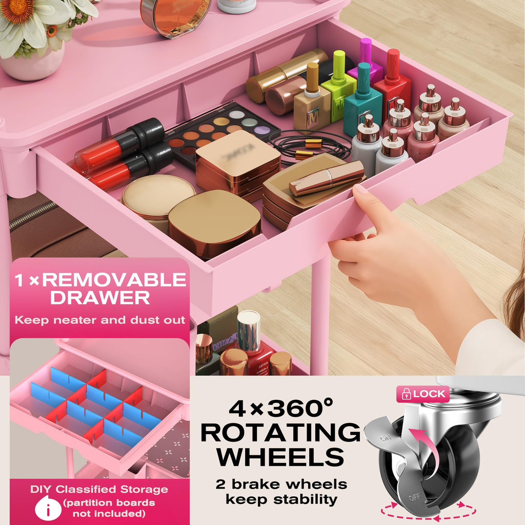 Pink 3 Tier Rolling Makeup Organizer Cart V7449