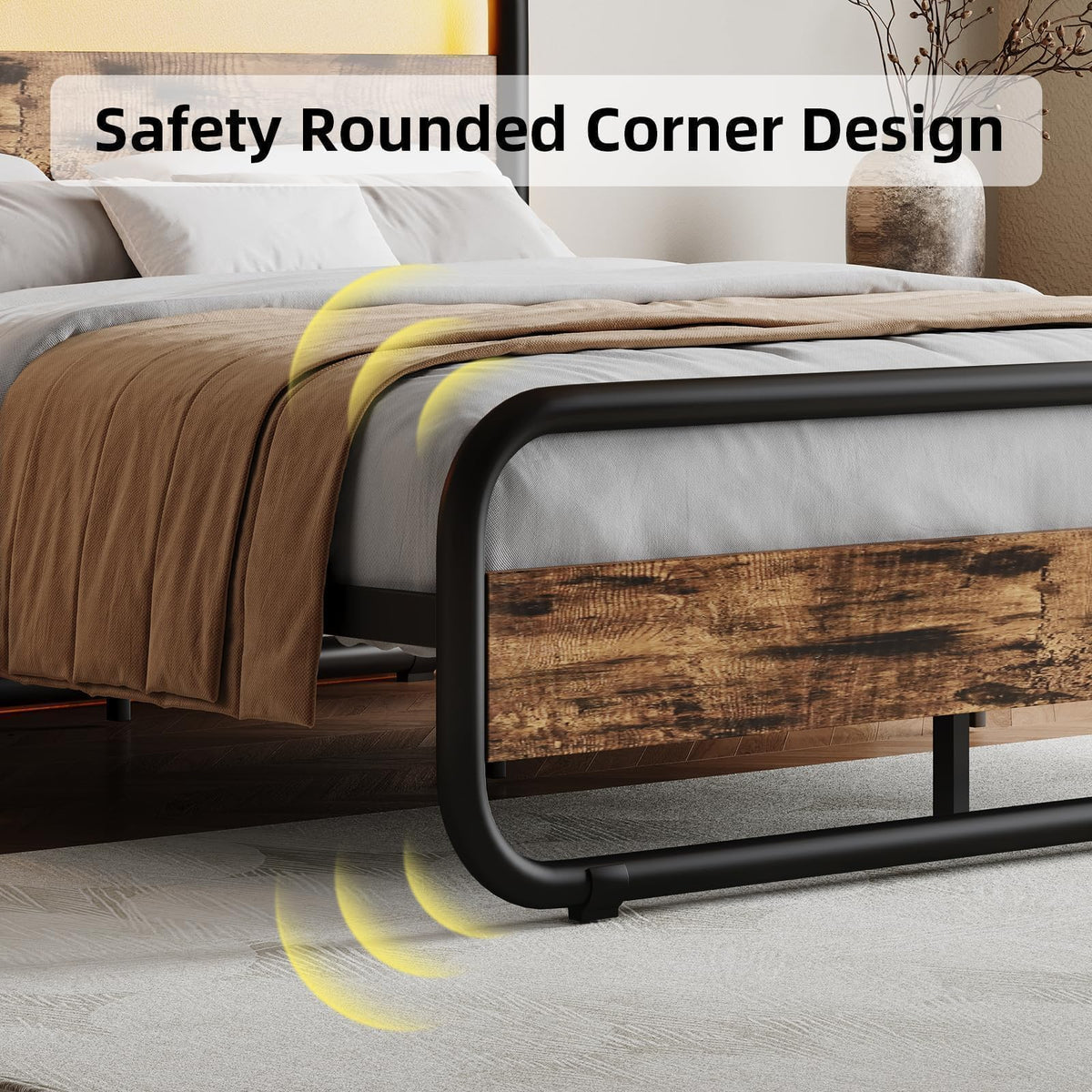 Brown Metal Platform Twin Bed Frame with Wood Headboard Z86479