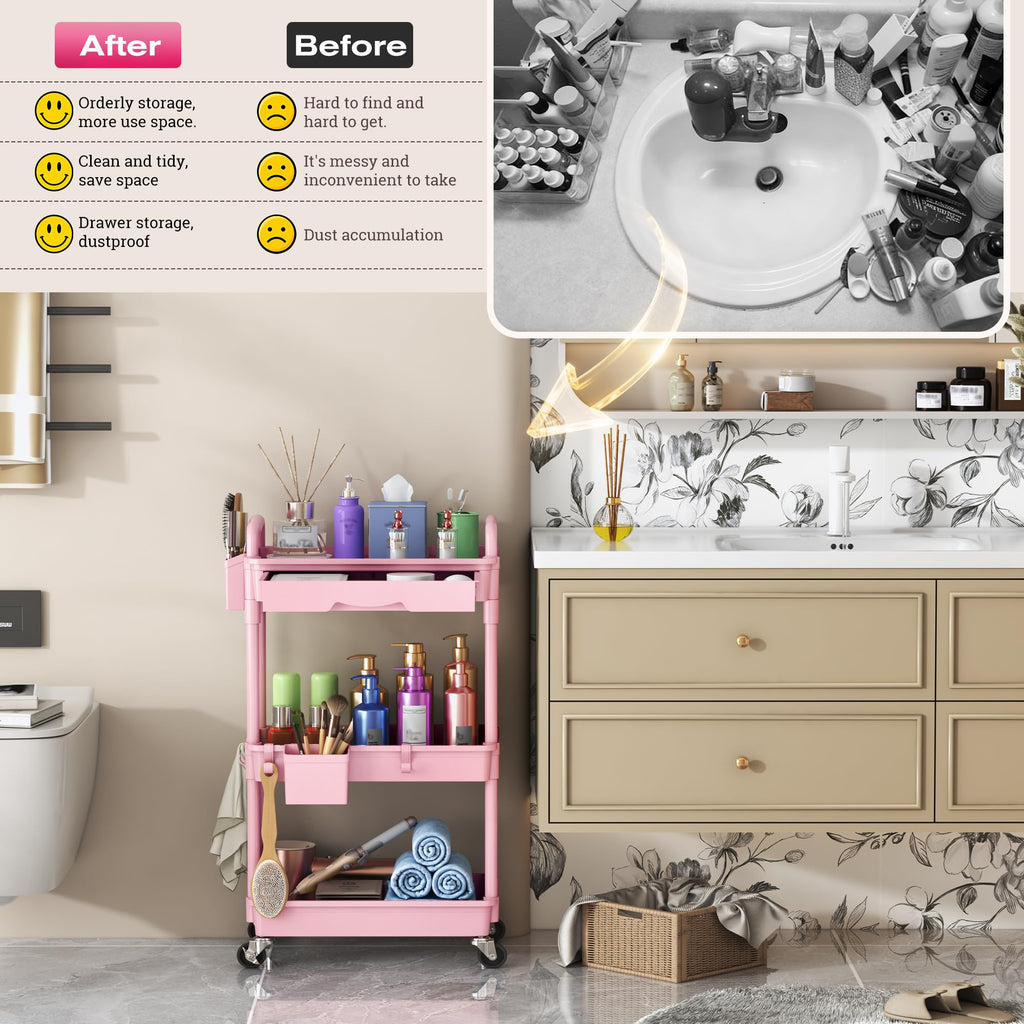 Pink 3 Tier Rolling Makeup Organizer Cart V7449