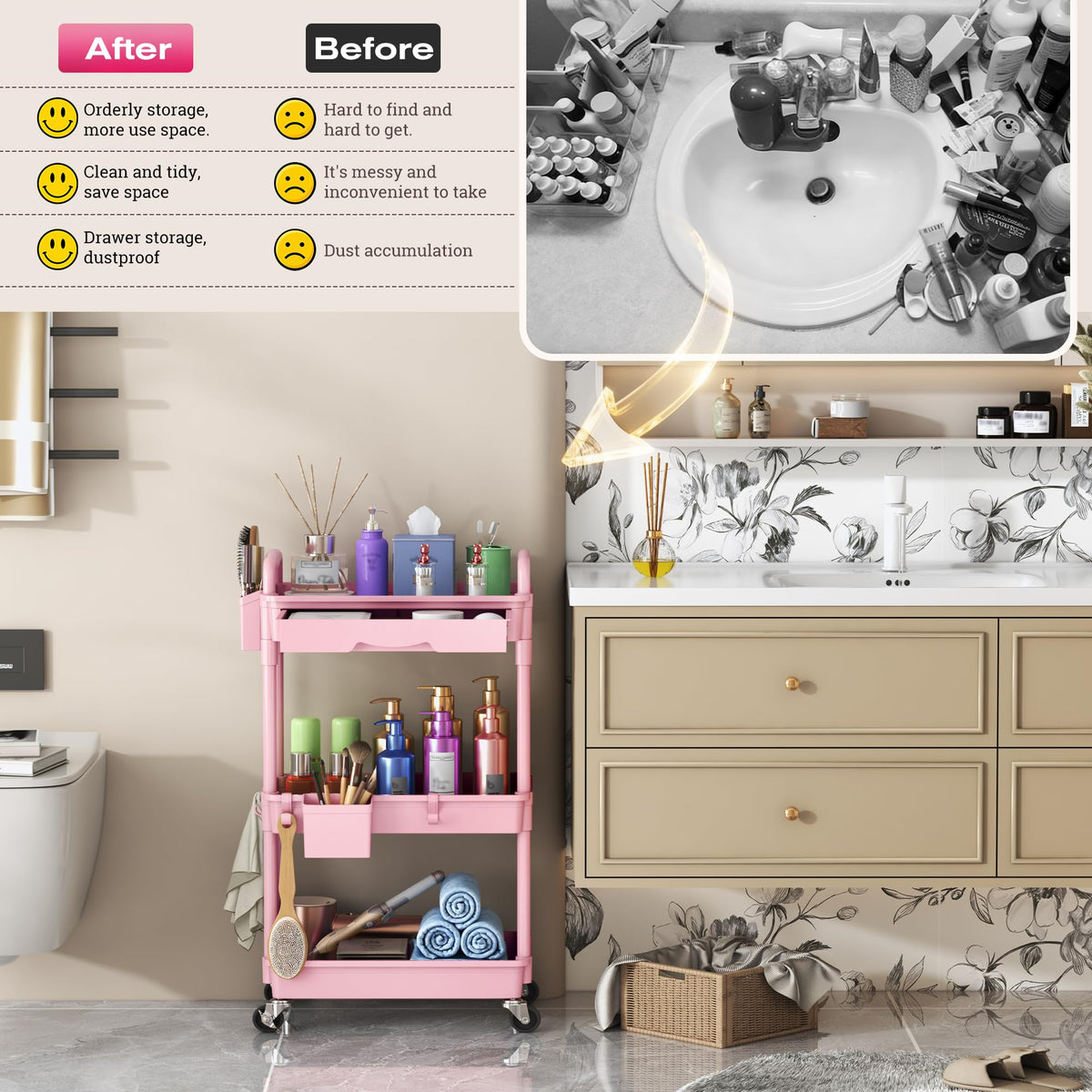 Pink 3 Tier Rolling Makeup Organizer Cart V7449