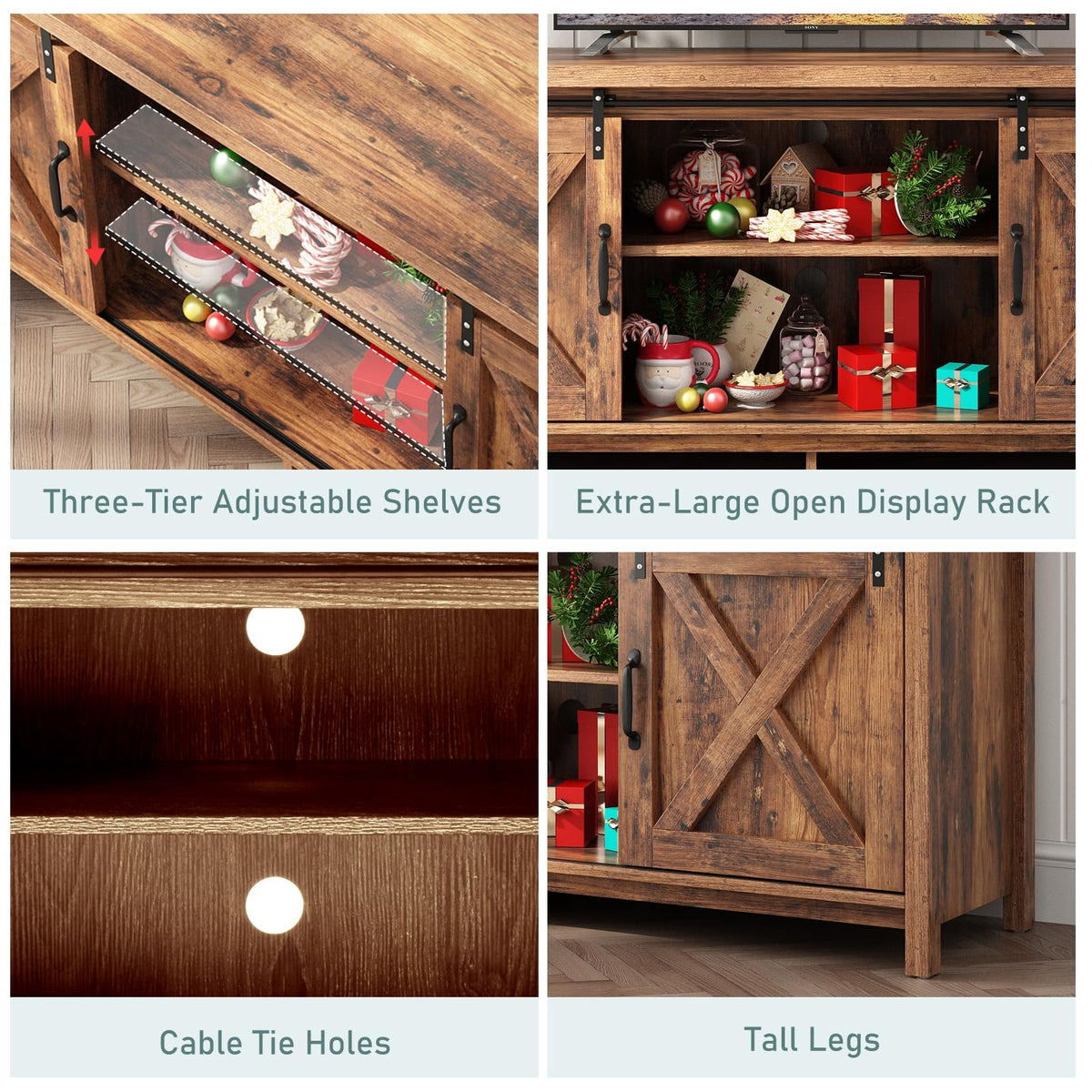 Farmhouse TV Stand with Adjustable Shelves & Sliding Barn Door I561