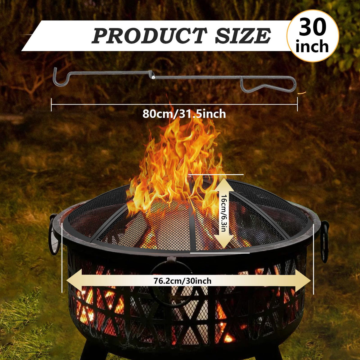 30 Inch Heavy Duty Metal Mesh Fire Pit Spark Screen with Handle & Poker P4155