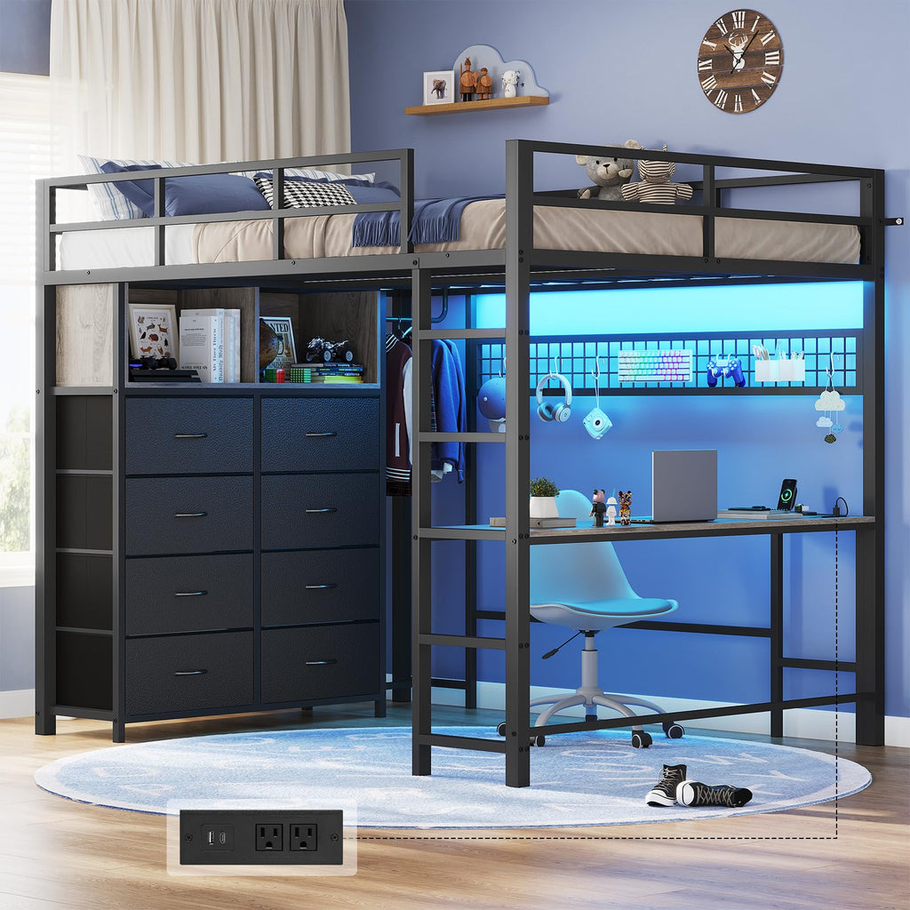 Full Size Loft Bed with Desk and 8 Storage Drawers Grey G40042