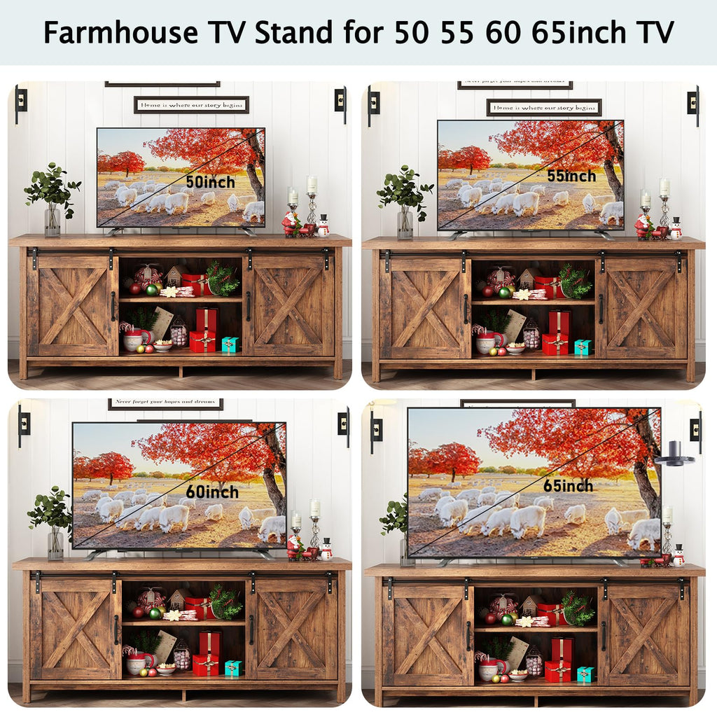 Farmhouse TV Stand with Adjustable Shelves & Sliding Barn Door I561
