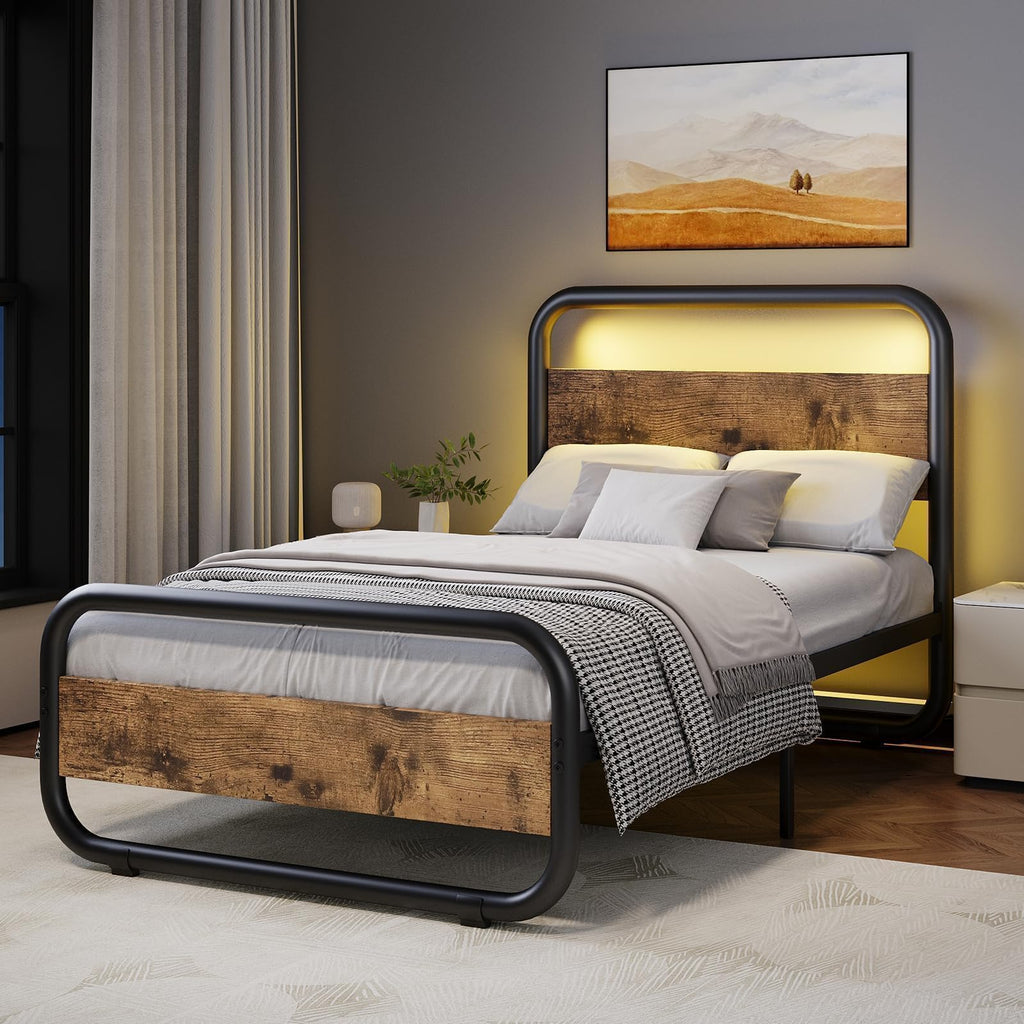 Brown Metal Platform Twin Bed Frame with Wood Headboard Z86479