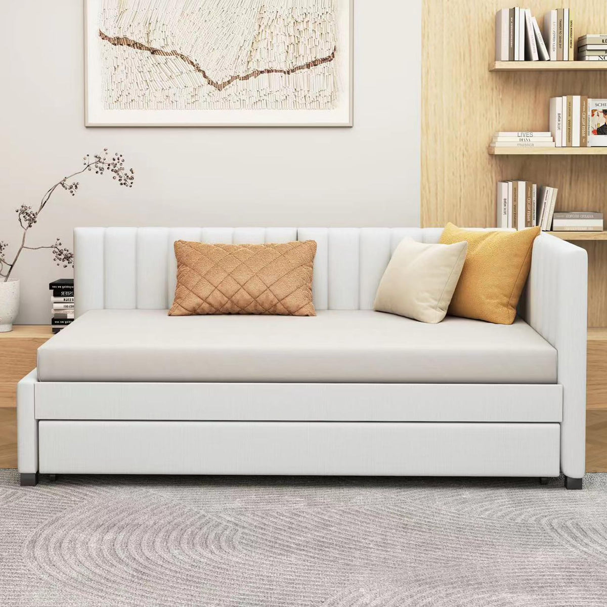 Beige Linen Twin Size Upholstered Daybed with Trundle G692218