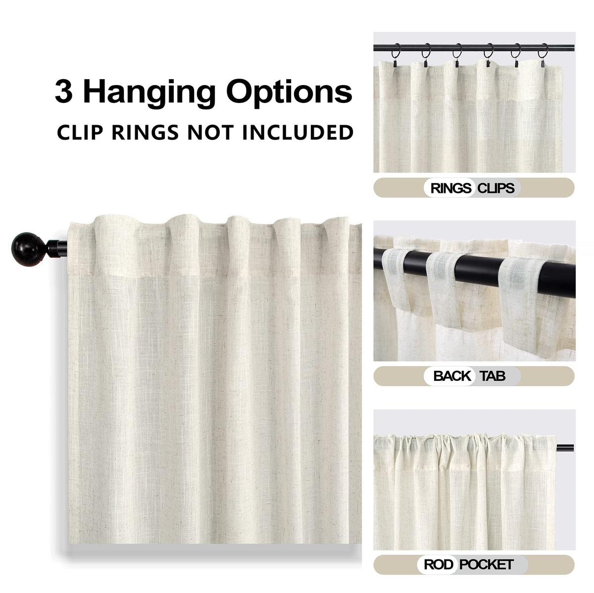 72 Inch Extra Wide Cream Semi Sheer Linen Curtains 2 Panels Set O5981