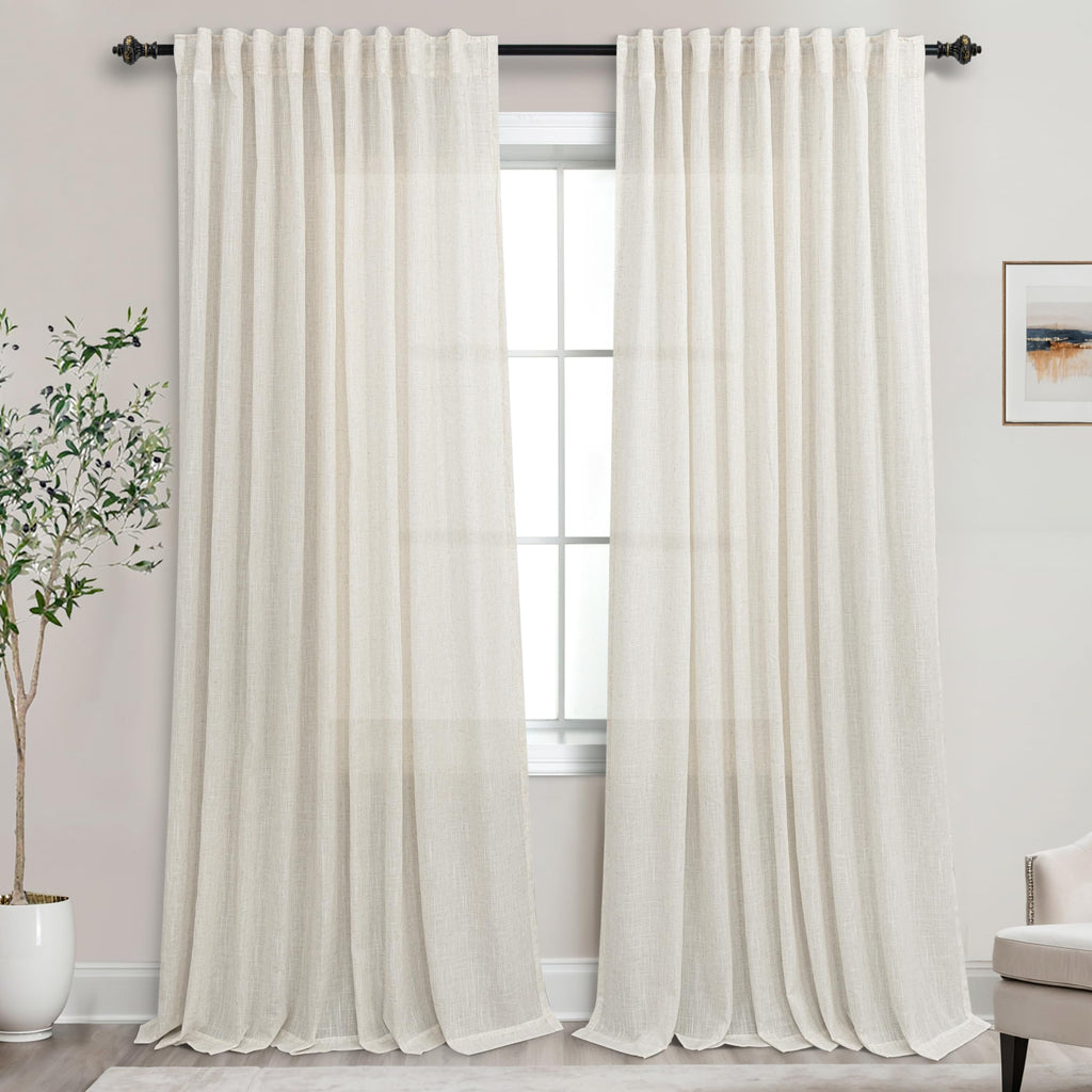 72 Inch Extra Wide Cream Semi Sheer Linen Curtains 2 Panels Set O5981