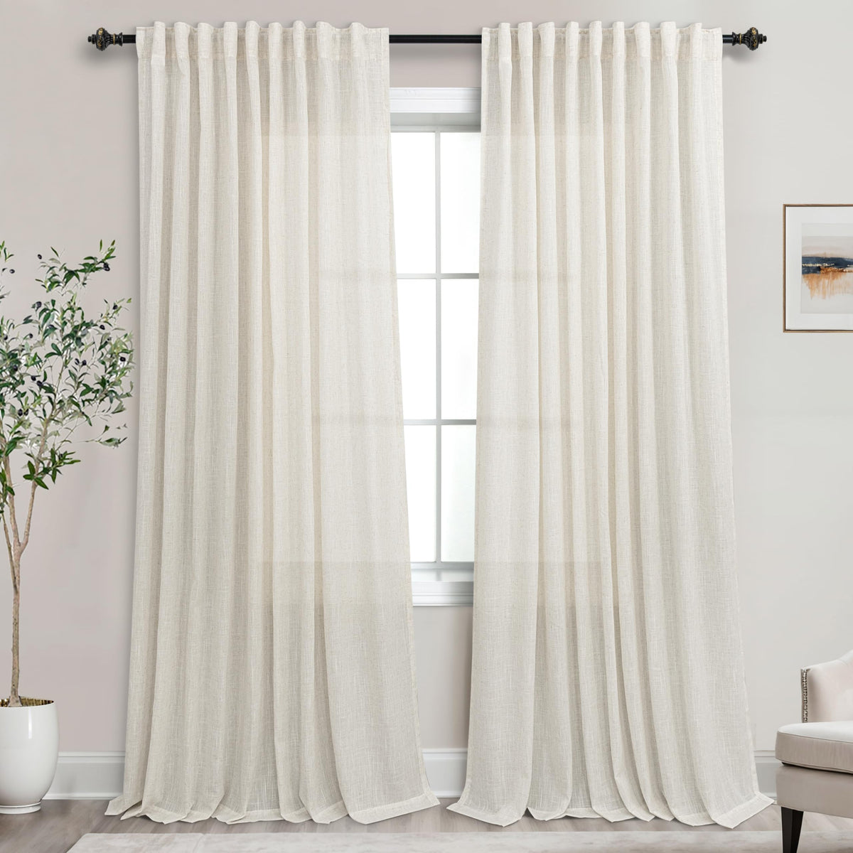 72 Inch Extra Wide Cream Semi Sheer Linen Curtains 2 Panels Set O5981
