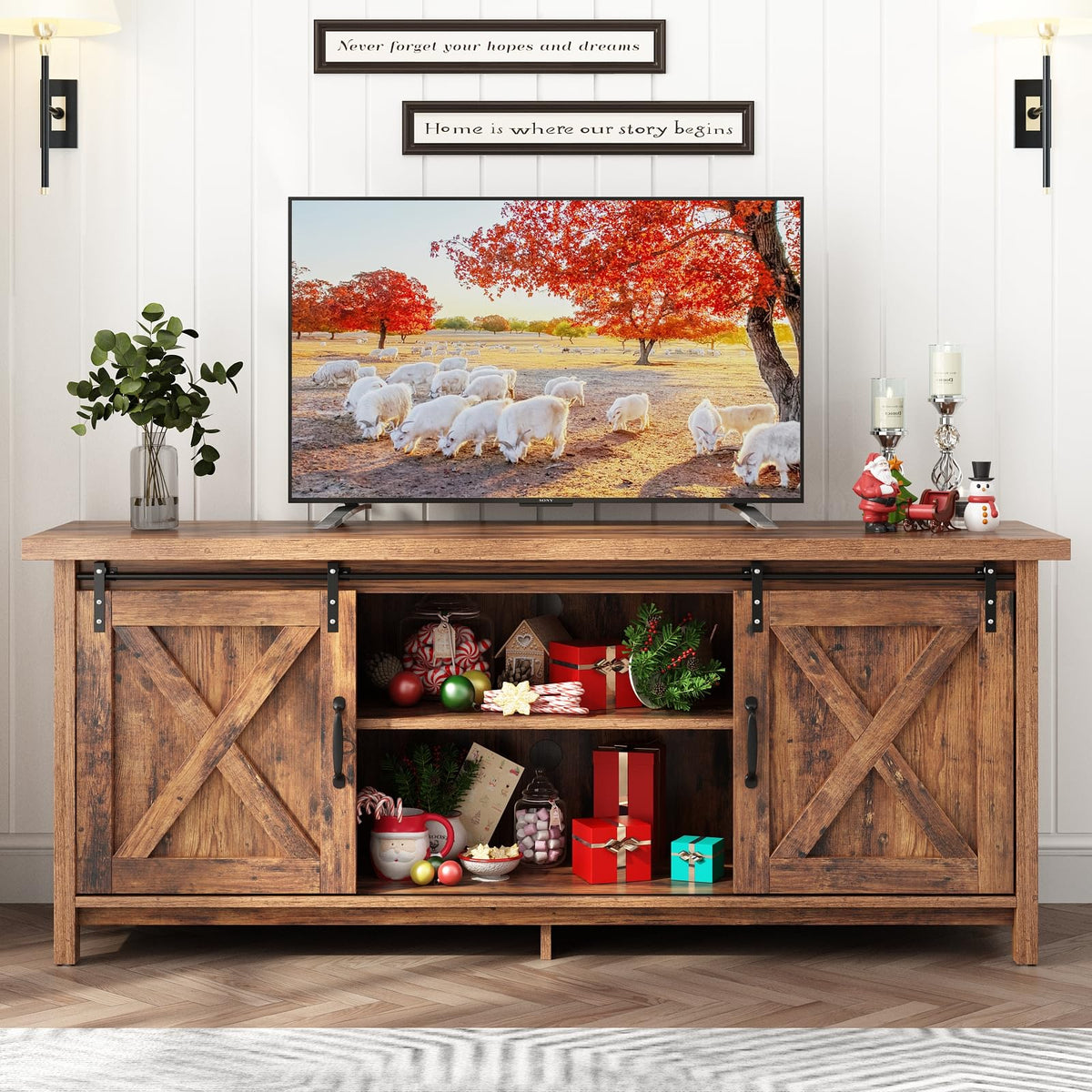 Farmhouse TV Stand with Adjustable Shelves & Sliding Barn Door I561