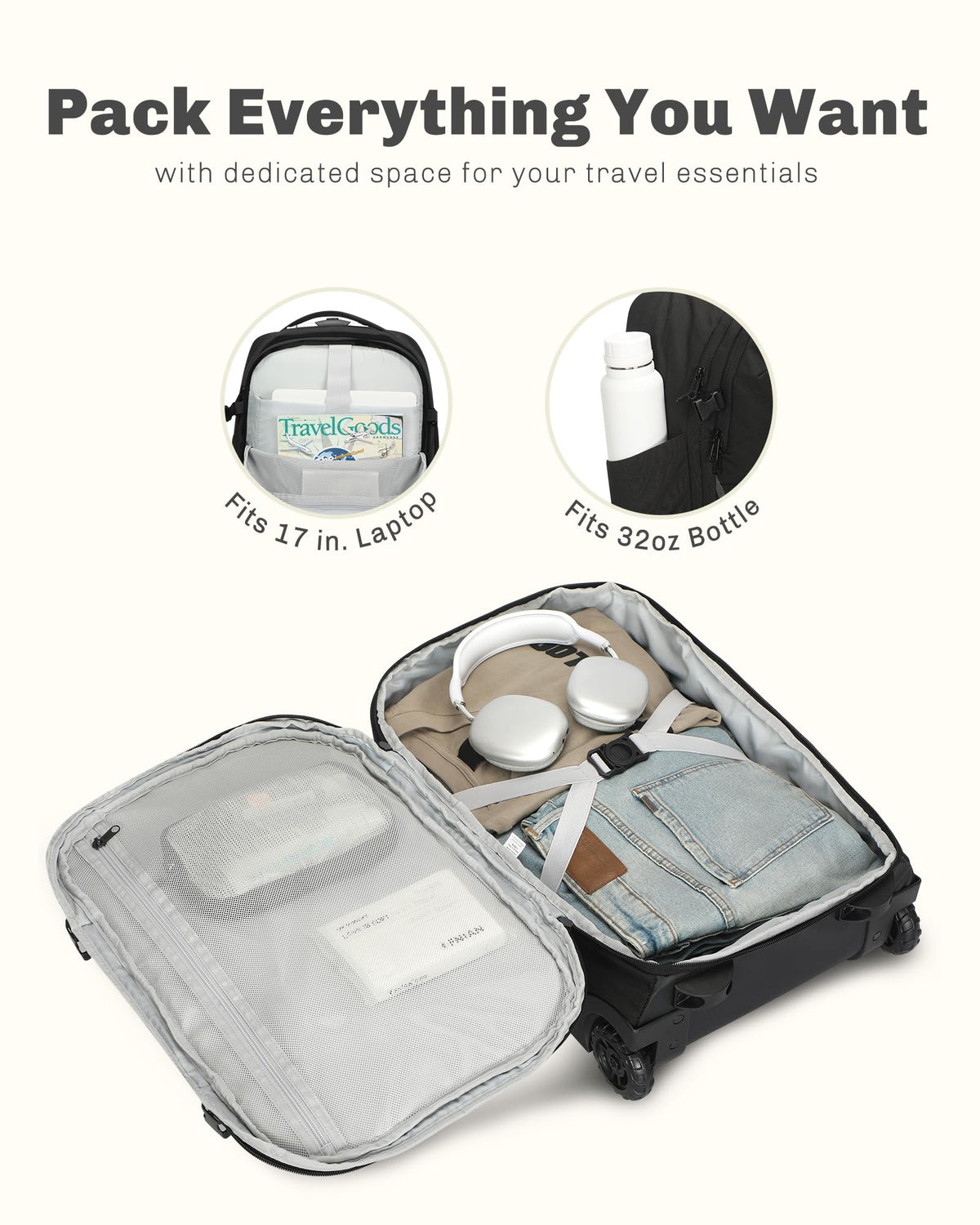 Rolling Backpack with Wheels 43L with Waist Pack Black K102