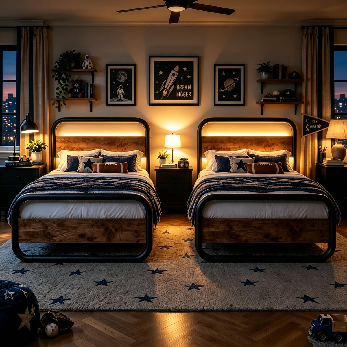 Brown Metal Platform Twin Bed Frame with Wood Headboard Z86479
