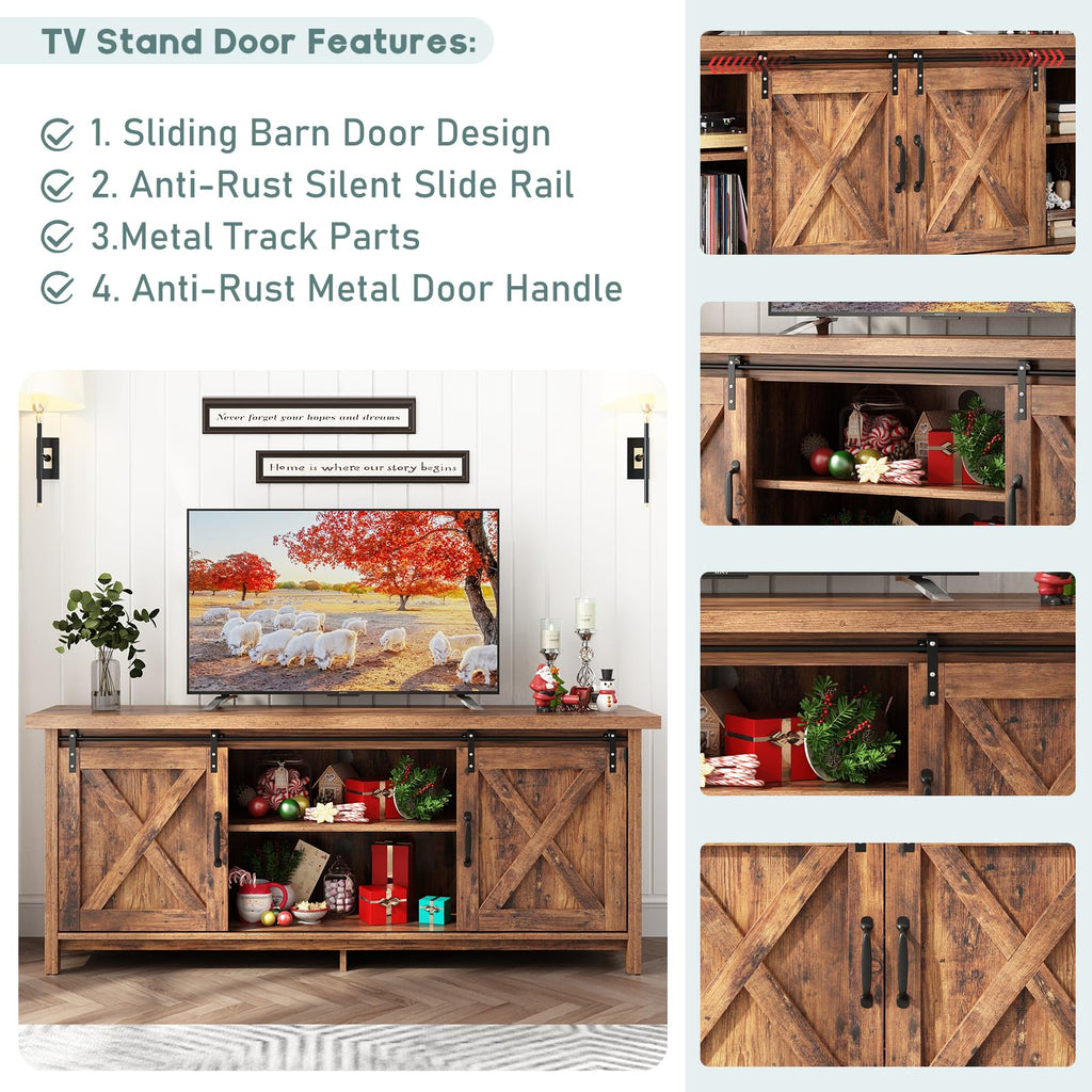 Farmhouse TV Stand with Adjustable Shelves & Sliding Barn Door I561
