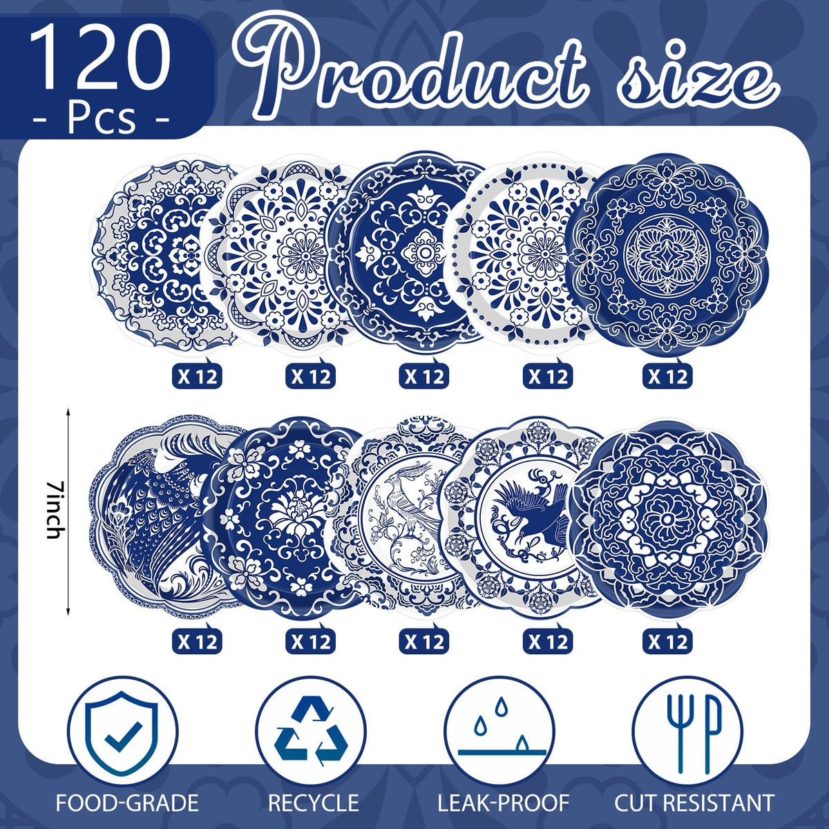 120 Pieces 7 Inch Blue Floral Paper Plates W799944
