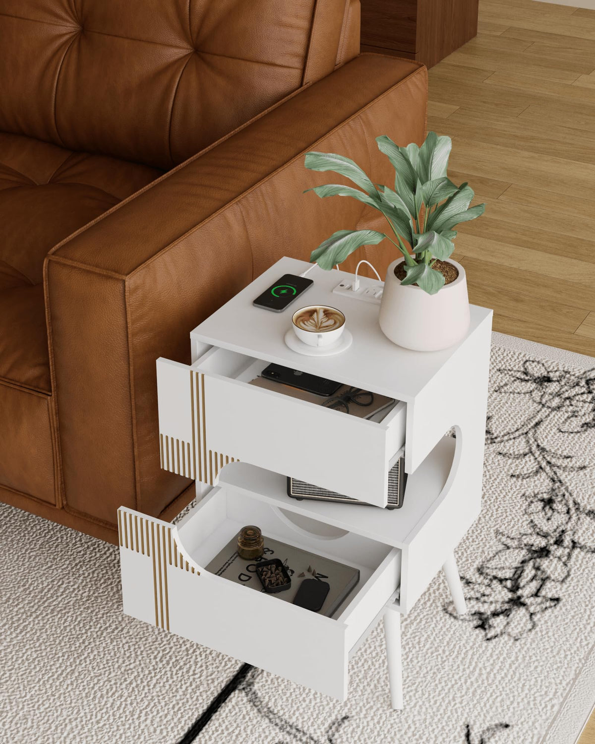 White Nightstand with Charging Station and LED Lights, 2 Storage Drawer Q70921