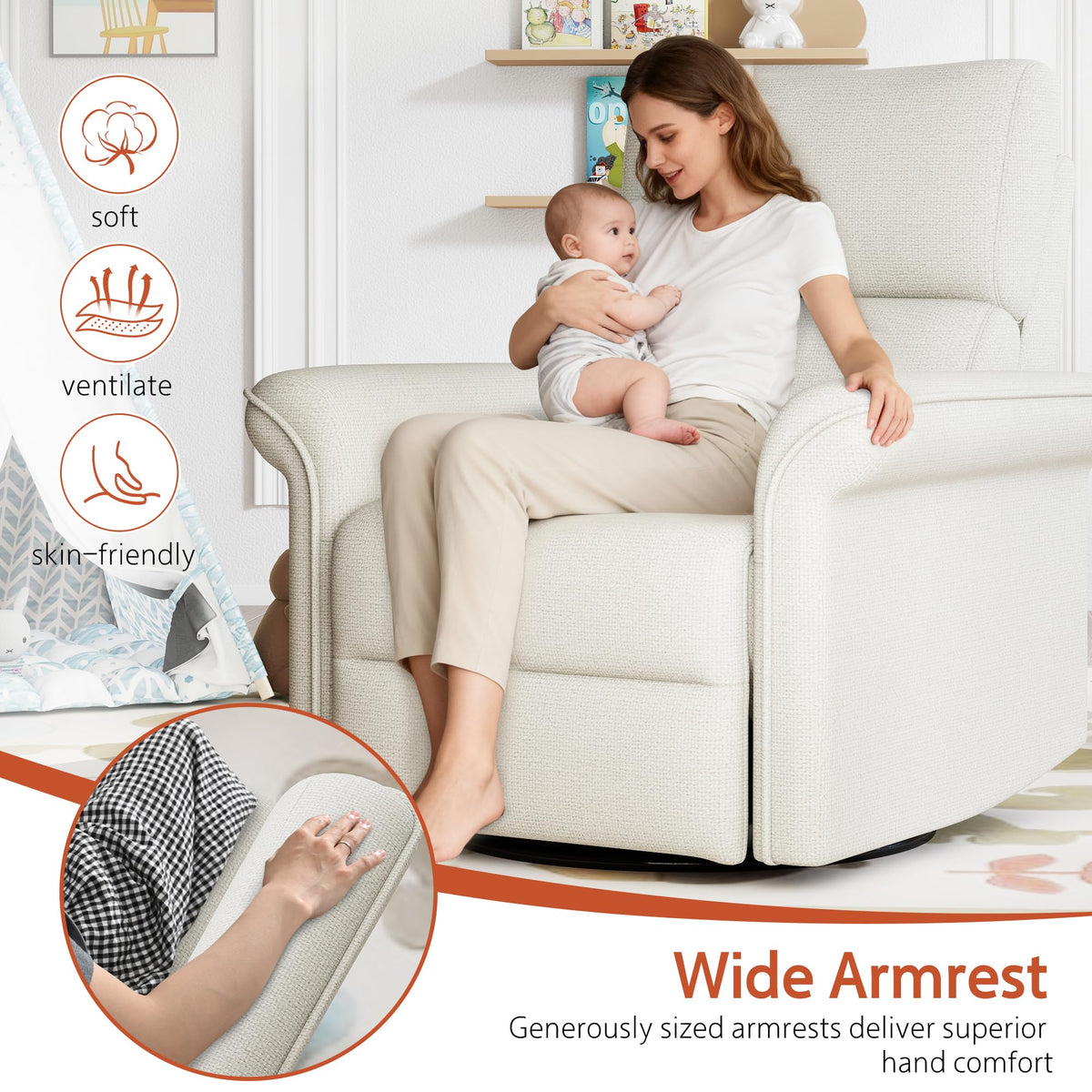 Fabric Light Gray Swivel Rocker Recliner Chair I464