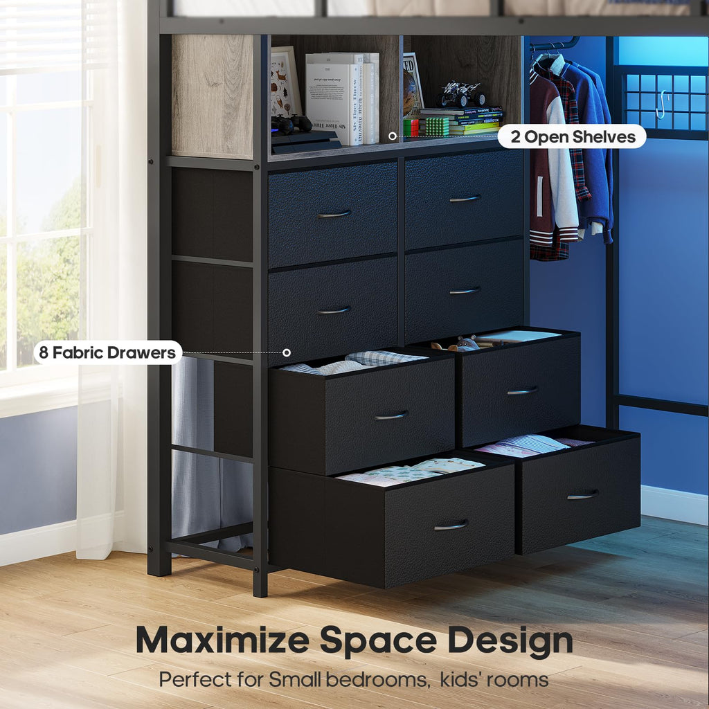 Full Size Loft Bed with Desk and 8 Storage Drawers Grey G40042