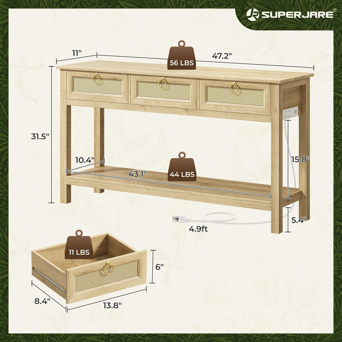 Rattan Console Sofa Table with Outlets and 3 Drawers C233183