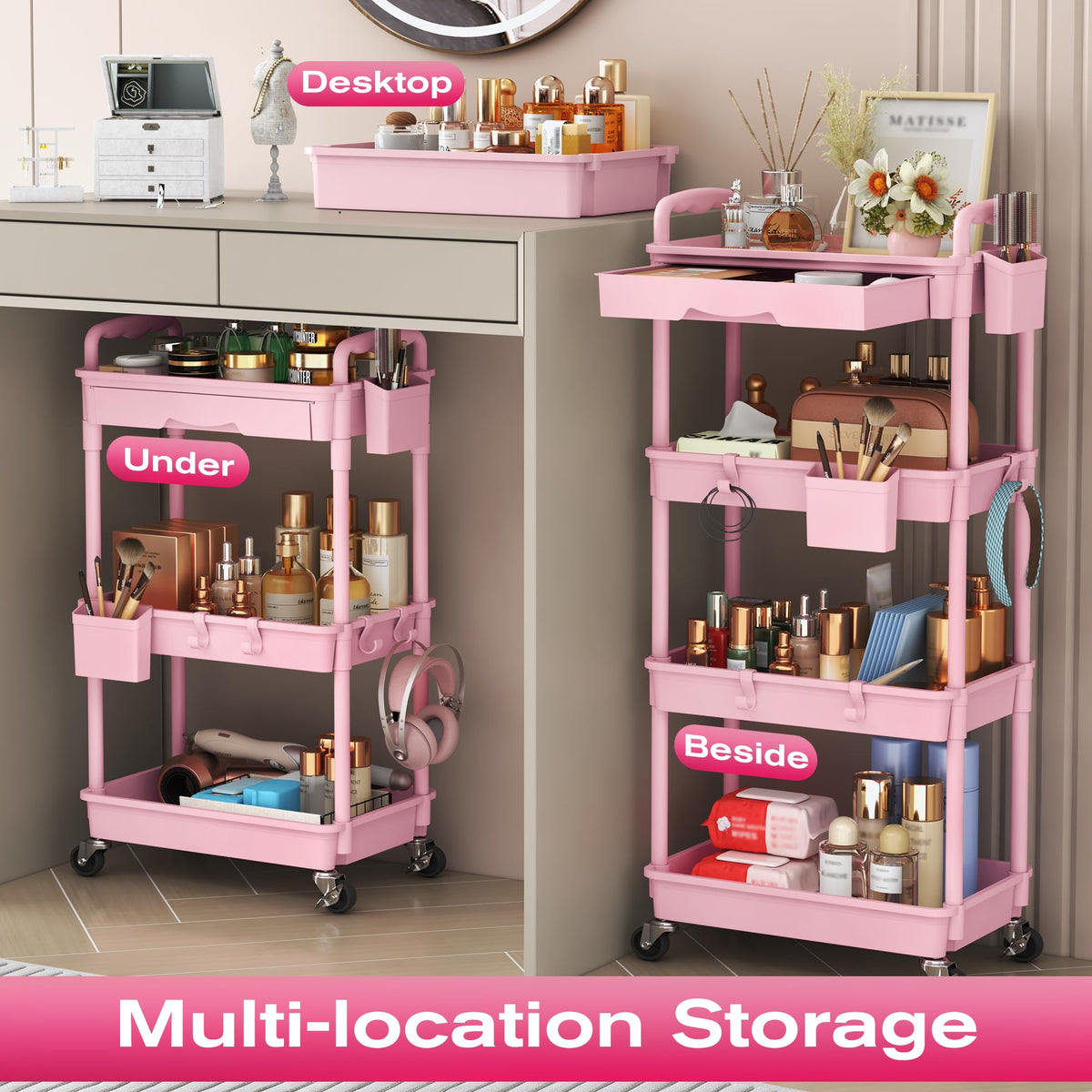 Pink 3 Tier Rolling Makeup Organizer Cart V7449