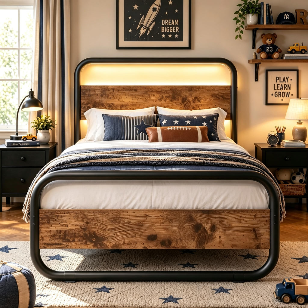 Brown Metal Platform Twin Bed Frame with Wood Headboard Z86479