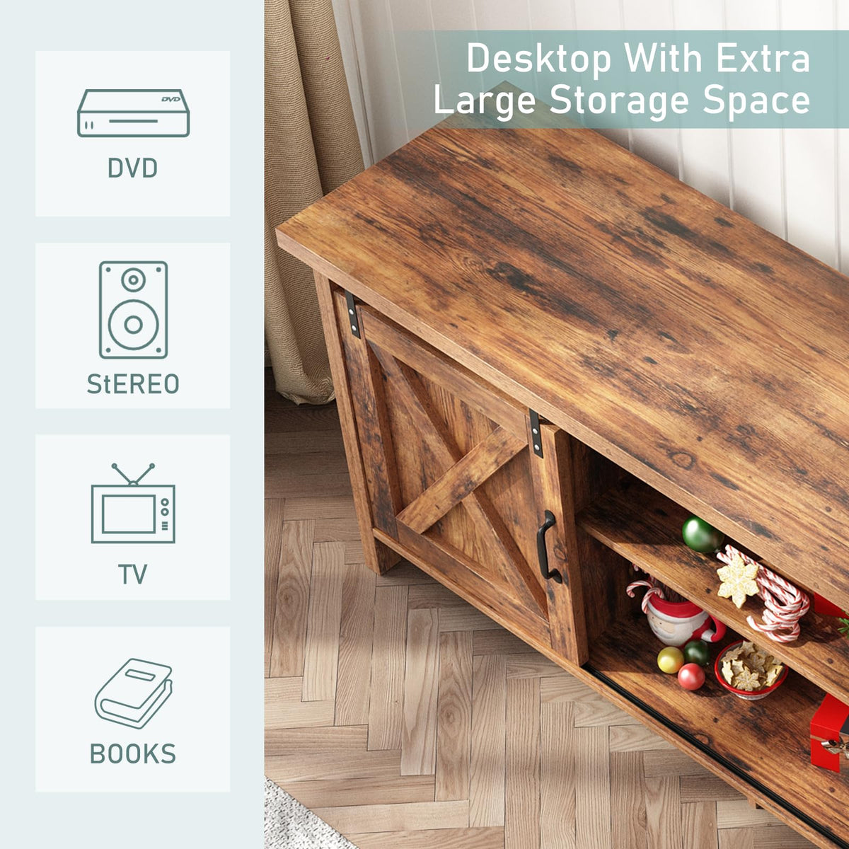 Farmhouse TV Stand with Adjustable Shelves & Sliding Barn Door I561