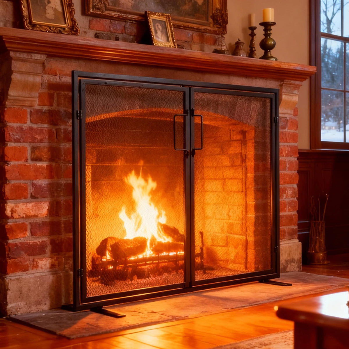 Black 2 Panel Fireplace Screen with Hinged Doors M9312