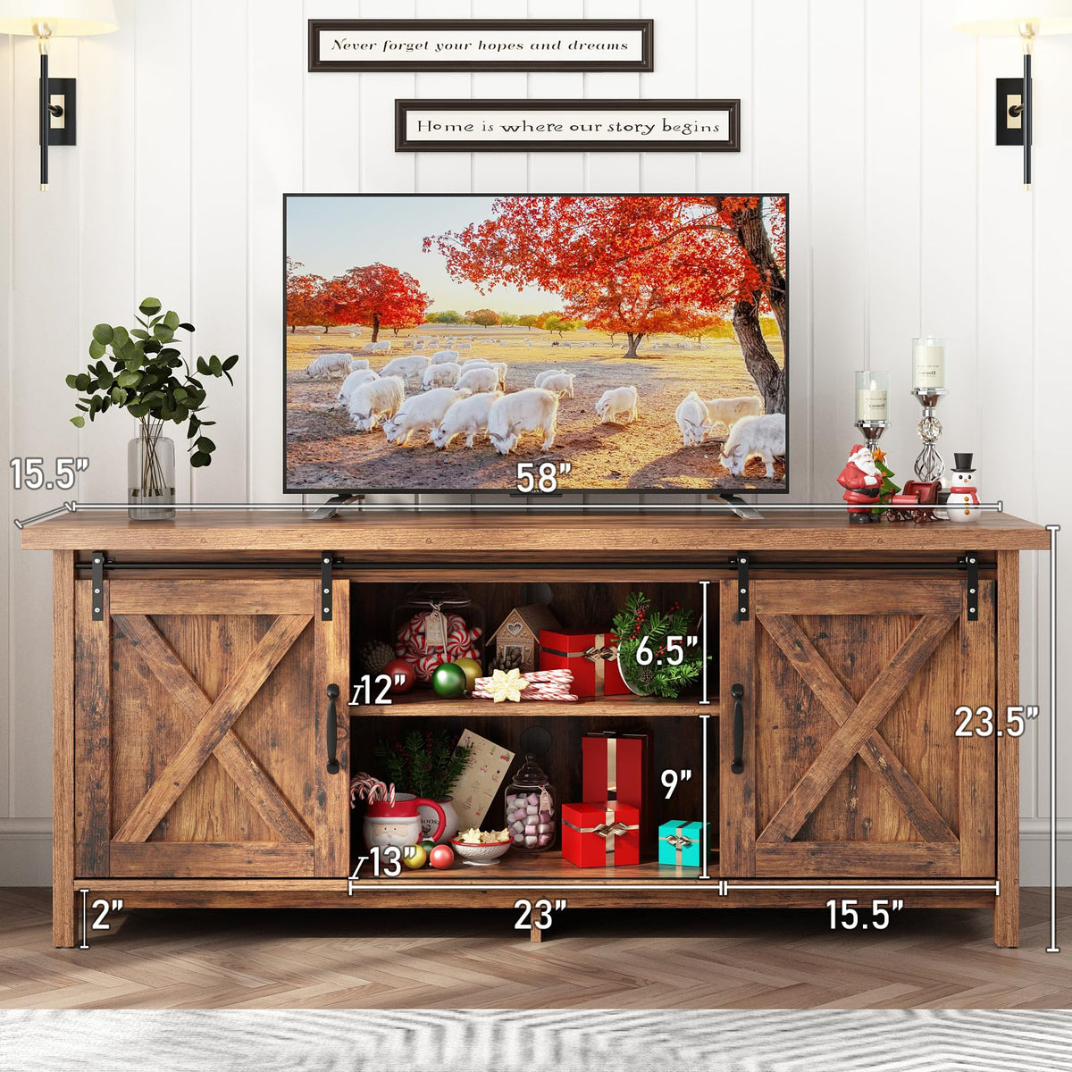 Farmhouse TV Stand with Adjustable Shelves & Sliding Barn Door I561