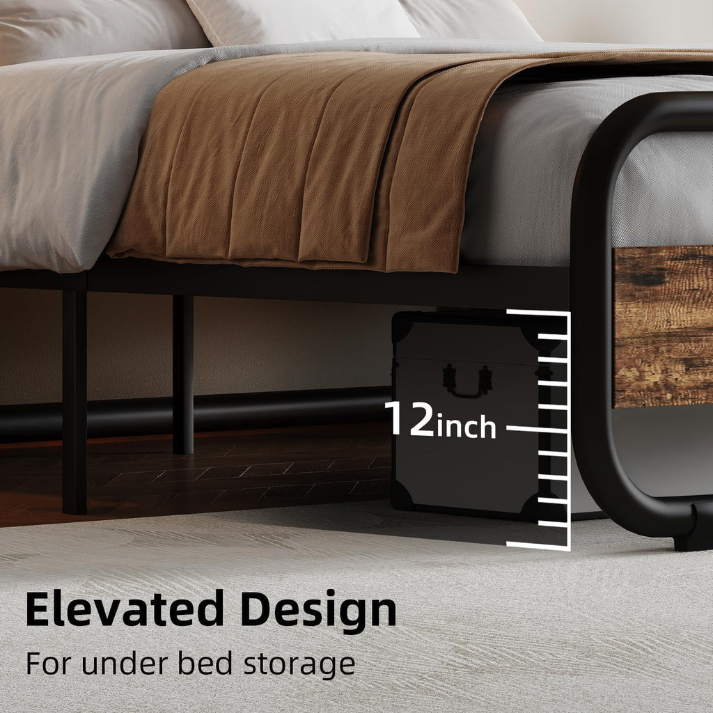 Brown Metal Platform Twin Bed Frame with Wood Headboard Z86479