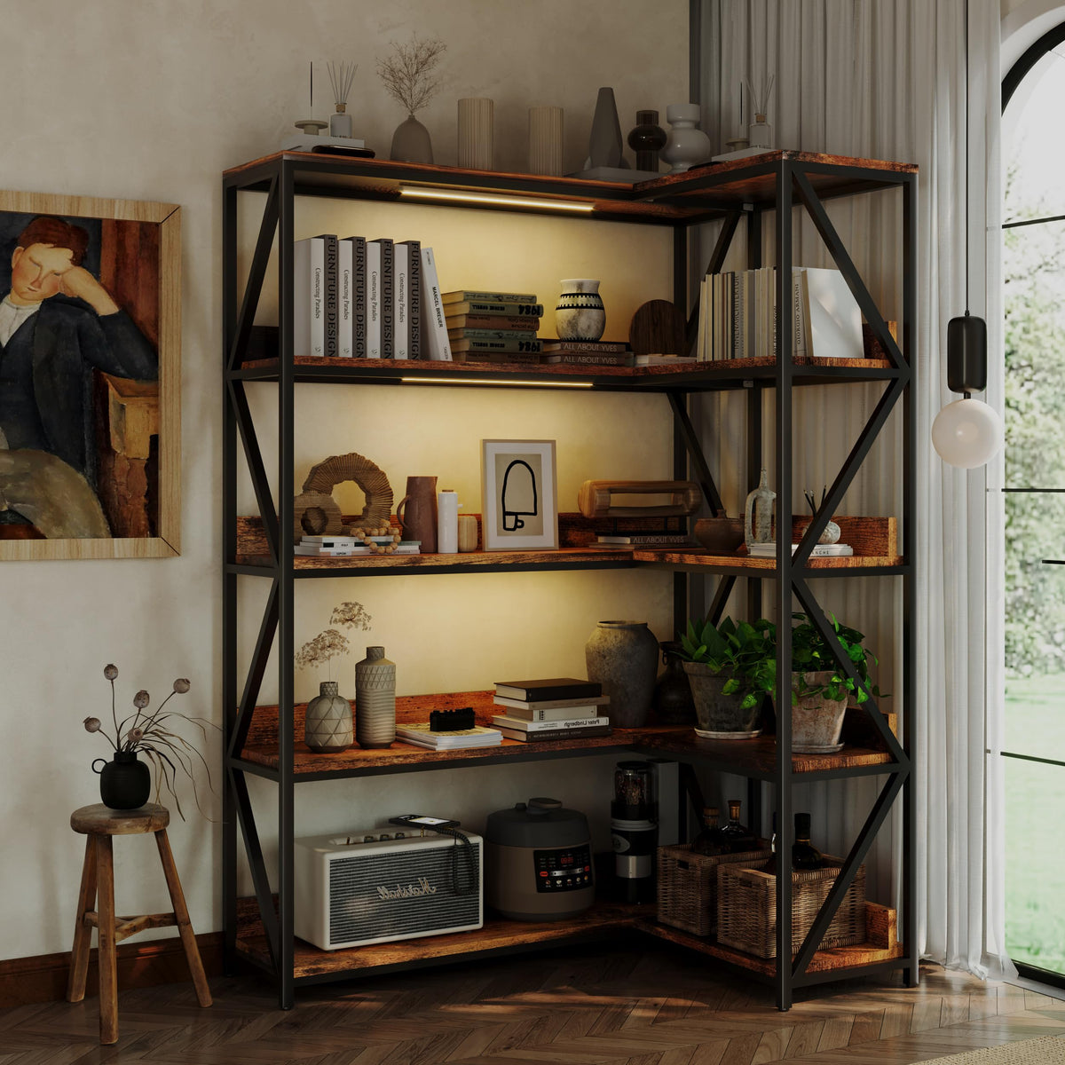 L Shaped 5 Tier Corner Bookshelf with Light M234014