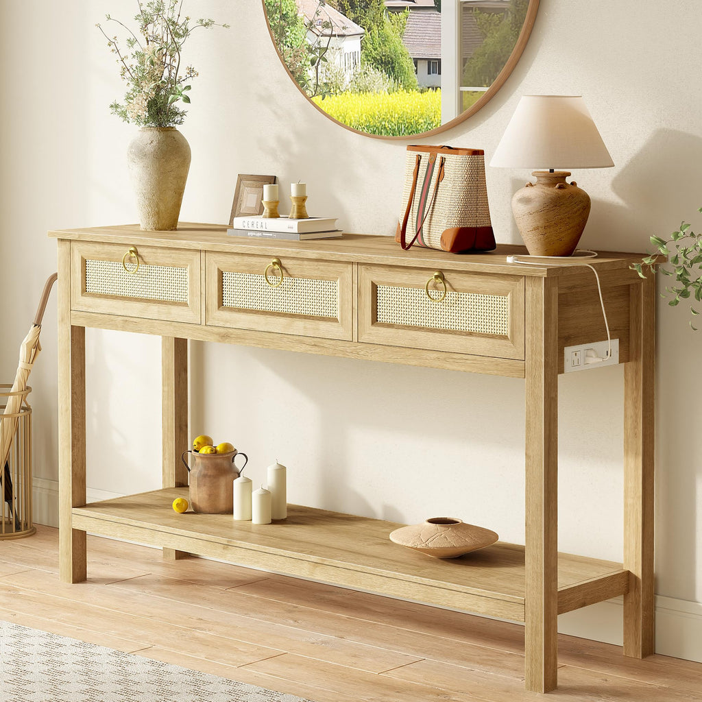 Rattan Console Sofa Table with Outlets and 3 Drawers C233183