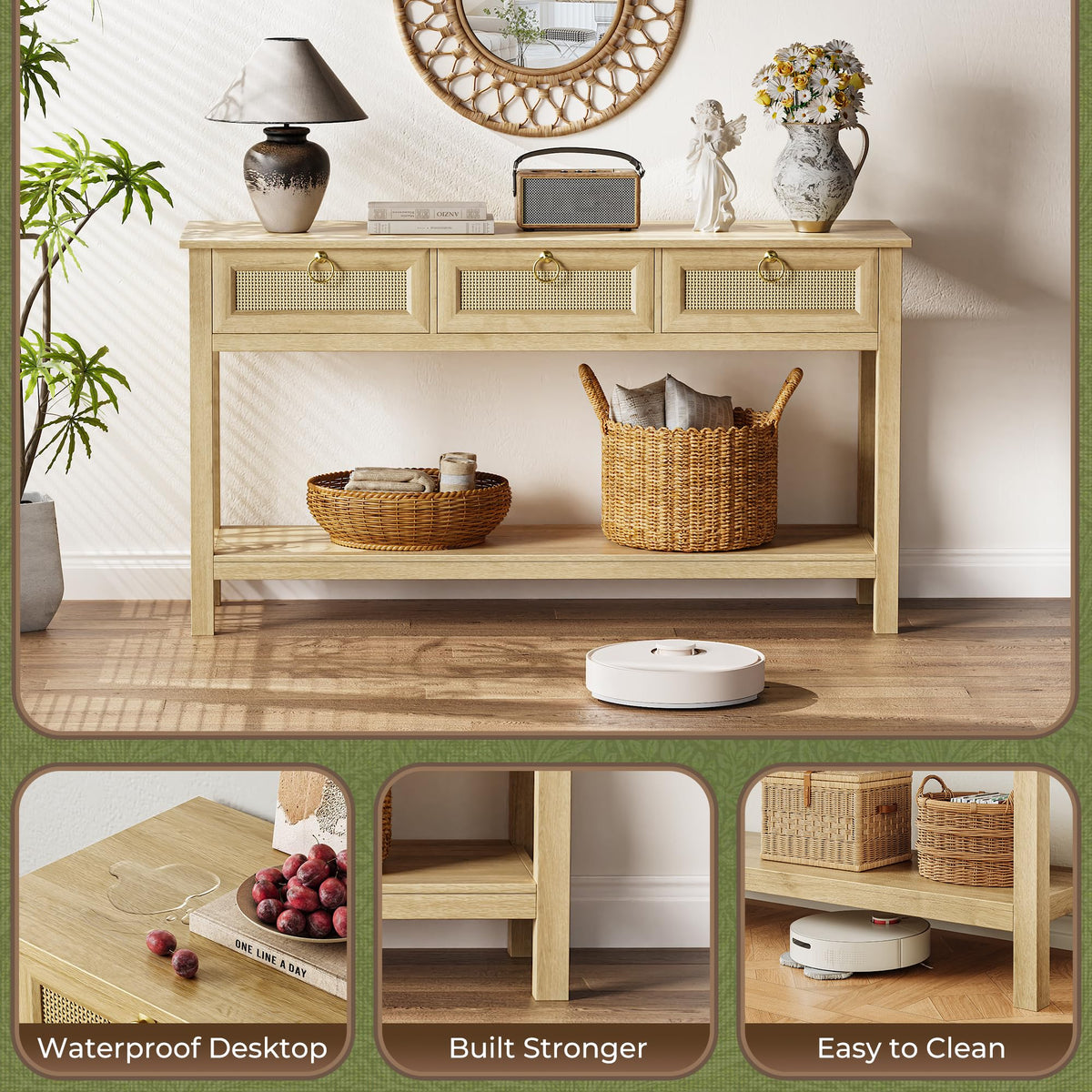 Rattan Console Sofa Table with Outlets and 3 Drawers C233183