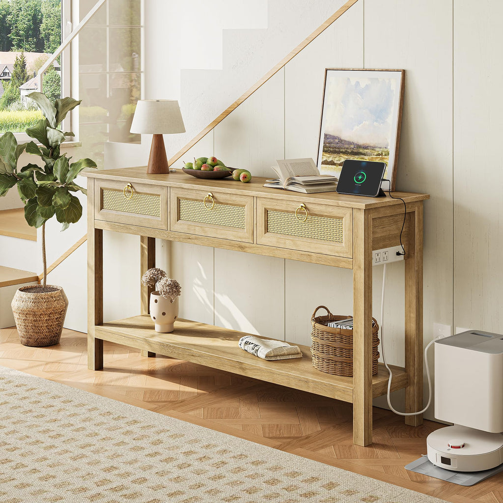 Rattan Console Sofa Table with Outlets and 3 Drawers C233183