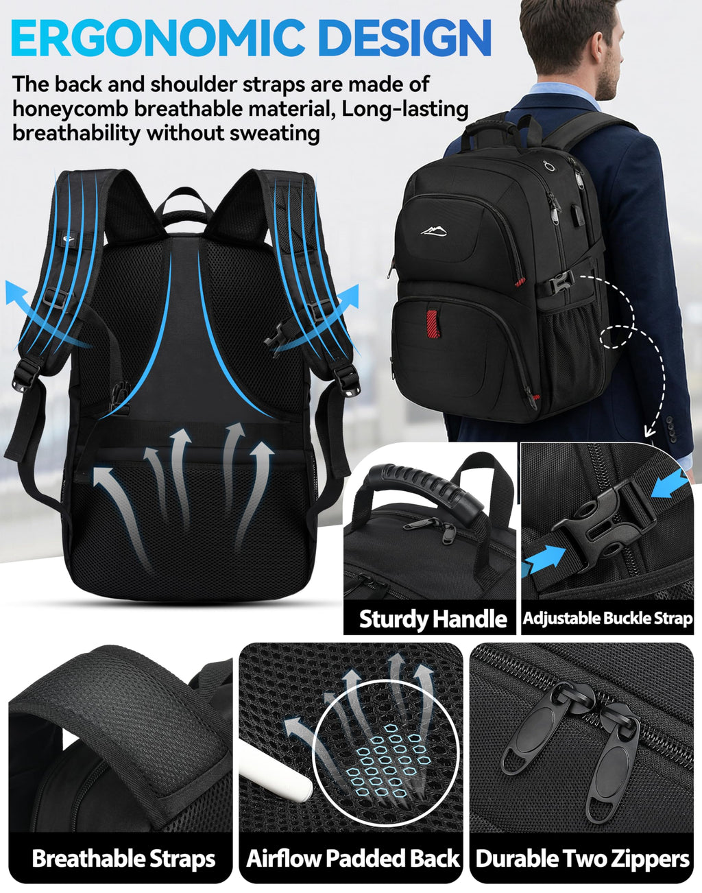 Extra Large Black Laptop Backpack with USB Charging Port H15796