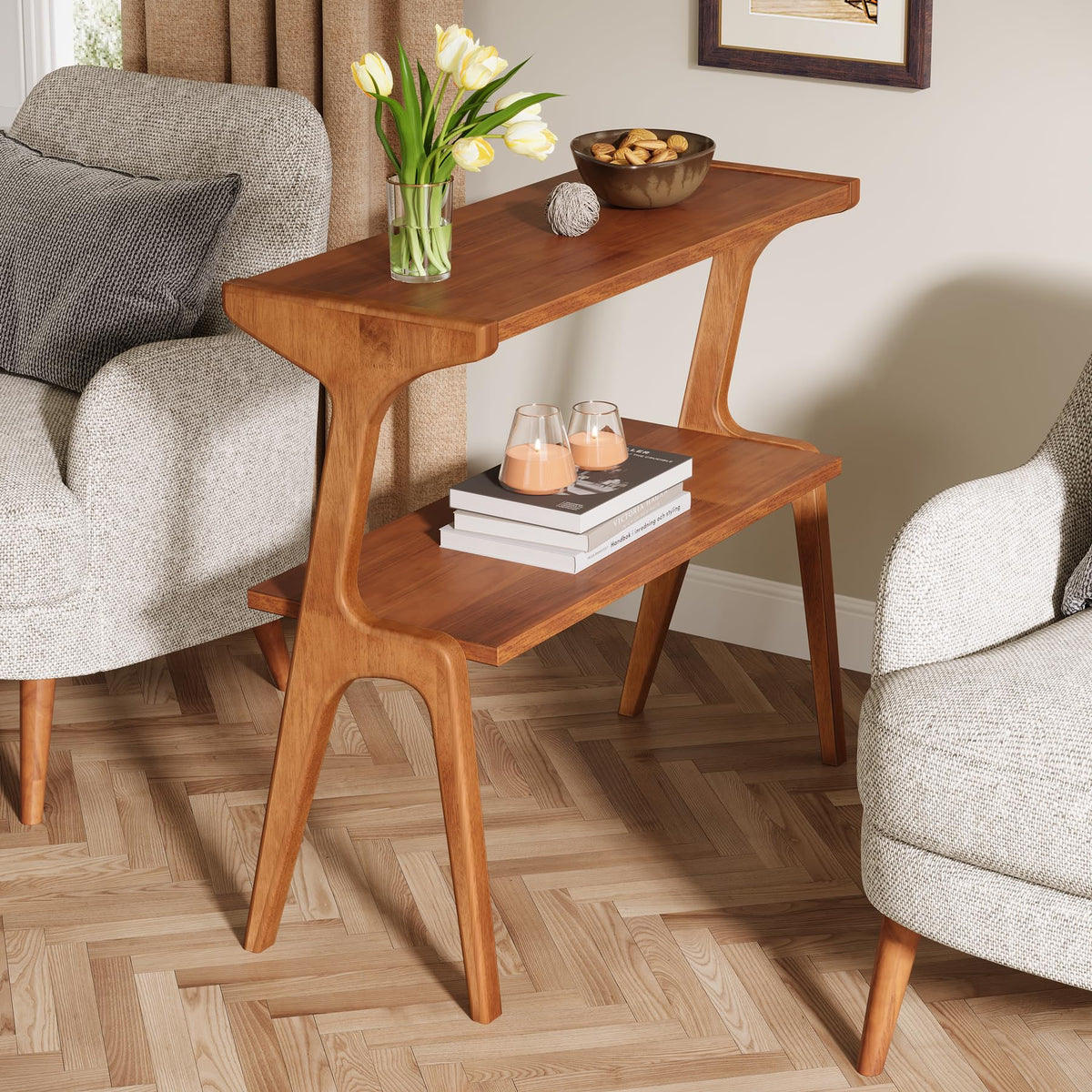 Wood 2-Tier End Table with Storage Shelves W907