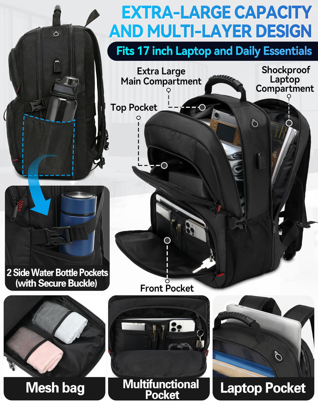 Extra Large Black Laptop Backpack with USB Charging Port H15796