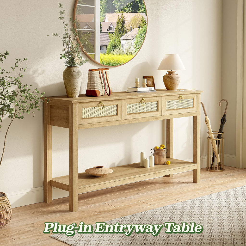 Rattan Console Sofa Table with Outlets and 3 Drawers C233183
