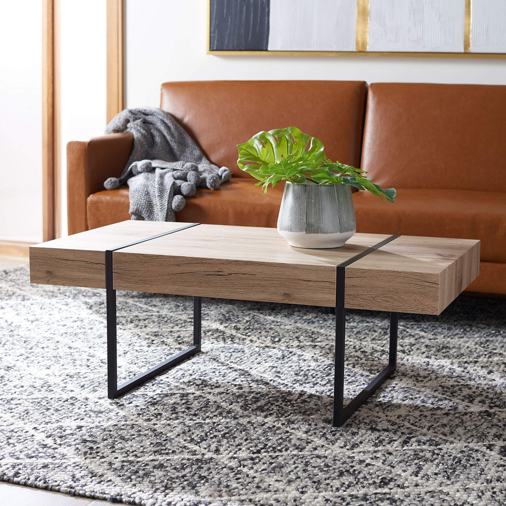 Rectangular Wood Top Black Metal Base Coffee Table U865