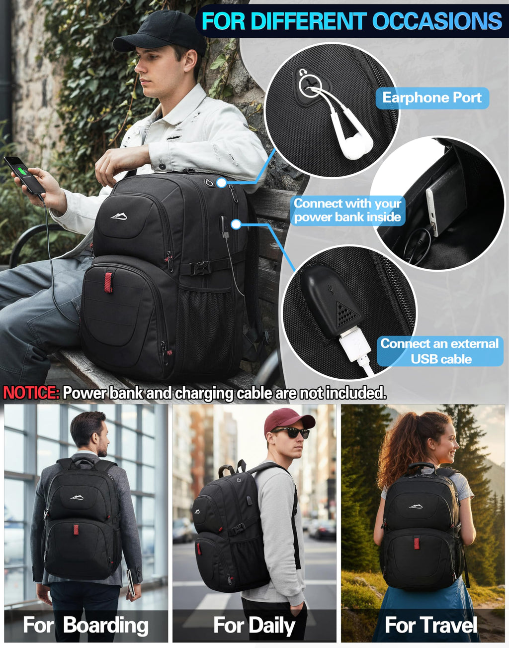 Extra Large Black Laptop Backpack with USB Charging Port H15796