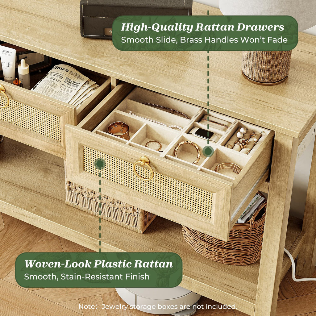Rattan Console Sofa Table with Outlets and 3 Drawers C233183